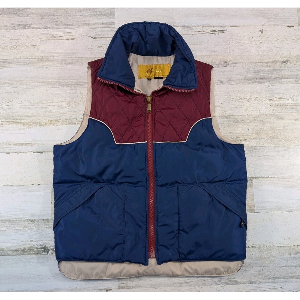 Vintage Camel Vest Mens XL Western Quilted Goose Down Puffer Navy Burgundy